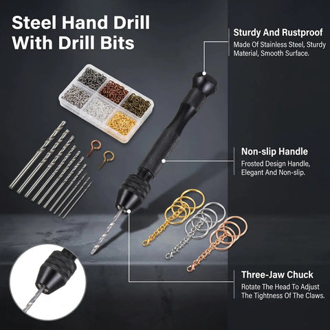 Hella Durable Zinc Alloy Hand Drill Set With Six Hundred Eye Screws Ten Precision Bits And Fifteen Keychain Rings Sweet For Resin Crafting Diy Epoxy Molds And Creative Hobby Vibe Projects, featuring a stainless steel drill and bits.