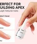Close-up of 8 In 1 Nail Builder Gel bottle with hand showing nail apex building before and after using the gel.