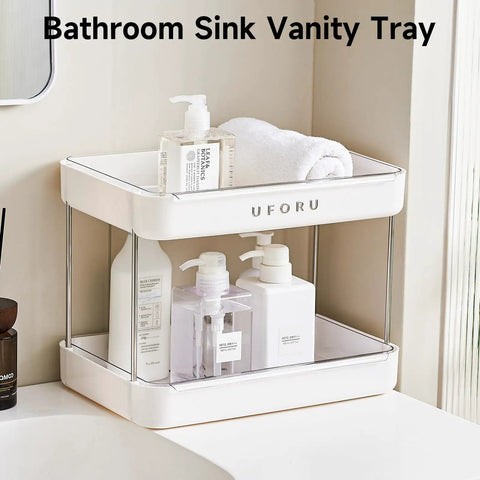 Coffee Bar Organizer Station With 2 Tier Mug Rack And Removable Drain Tray on bathroom vanity with soap dispensers and towels