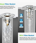 Heavy Duty Two Pack Bathroom Sink Drain Strainer With Slick Pop Up Stopper And Triple Layer Filtering For Fast Water Release and Reliable Hair Trapping Zero Hassle Daily Driver, showing drainage features with and without filter.