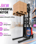 Heavy Duty 3500 Lbs Carbon Steel Semi Electric Pallet Stacker With 1600 Watt Motor And Solid 48 Volt System For Easy High Lift Operations Up To 98 Inches Height On Any Job Site lifting boxes in a warehouse.