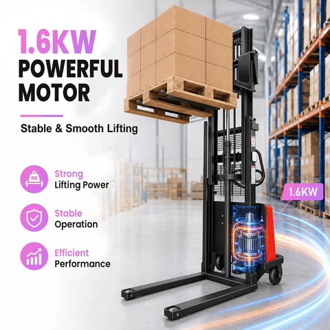 Heavy Duty 3500 Lbs Electric Pallet Stacker With Carbon Steel Build And Powerful Motor Perfect For Moving Heavy Loads With Ease In Any Warehouse Or Workshop Setting Today, showing 1.6KW motor and lifted pallet.