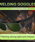 Shade 8 Welding Glasses With Wrap Around Frame 99 Percent UV Protection Anti Scratch Non Slip IR Blocking Lenses displayed in welding environment.