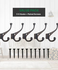 Old School Cast Iron Wall Hooks Solid Five Pack Heavy Duty Rustic Design with paired screws for hanging bags and coats