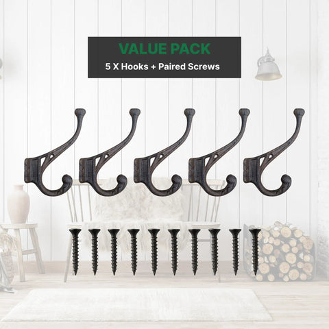 Old School Cast Iron Wall Hooks Solid Five Pack Heavy Duty Rustic Design with paired screws for hanging bags and coats