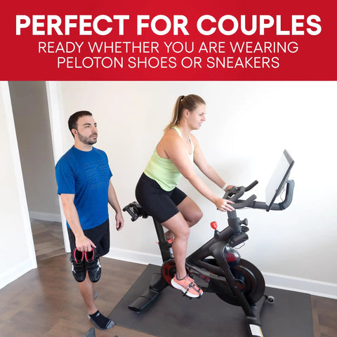 Dual Function Toe Cages For Peloton Pedals So You Can Roll In Sneakers Or Peloton Shoes And Switch Between Regular Shoes And Cycling Shoes Fits All Peloton Bikes And Bike Plus, woman cycling, man holding shoes