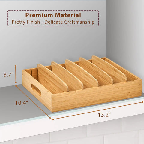 Bamboo Kitchen Lids Organizer With Adjustable Dividers for 9.5-Inch Containers, natural bamboo wood on a shelf, dimensions labeled.