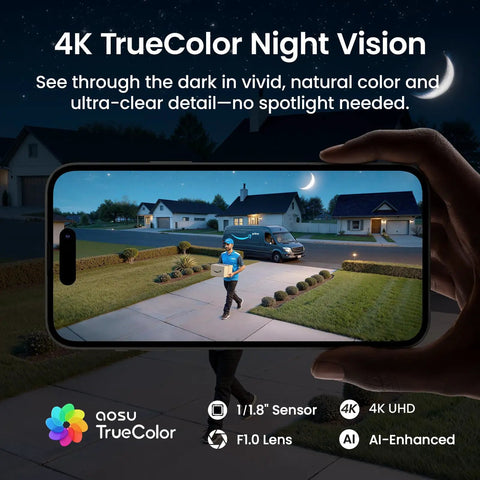 4K True Color Outdoor Security Camera With Solar Power Wireless WiFi AI Triple Detection 360 Degree Auto Tracking Night Vision Weatherproof Home Surveillance showing vivid night vision display on smartphone.