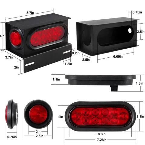 Trailer Lights Welded Mount Steel Box Housing Kit with License Plate Mounts featuring red oval and round LED lights, dimensions shown