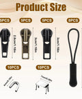 43 Piece Zipper Repair Kit With Universal Zipper Pulls For Jackets, showing pieces in various sizes and colors, with quantities