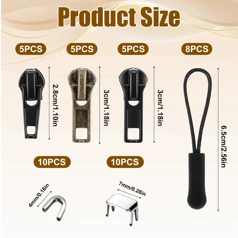 43 Piece Zipper Repair Kit With Universal Zipper Pulls For Jackets, showing pieces in various sizes and colors, with quantities