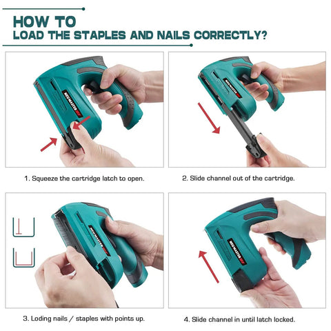 Steps to load staples and nails in the Cordless 2 In 1 Brad Nailer And Stapler Kit With USB Charger Cable, 4V Portable Electric Stapler Tacker