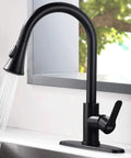 Matte Black Kitchen Faucet With Pull Down Sprayer Stainless Steel Sink Faucet Single Handle 1.8 GPM installed in modern kitchen