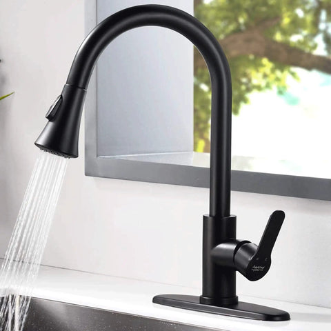Matte Black Kitchen Faucet With Pull Down Sprayer Stainless Steel Sink Faucet Single Handle 1.8 GPM installed in modern kitchen