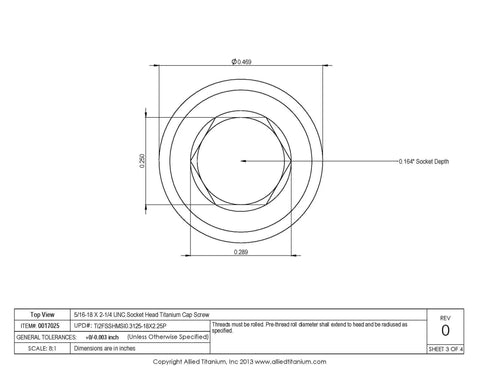 Top view diagram of Pack Of 5 5/16-18 X 2-1/4 Inch Unc Socket Head Cap Screw Grade 2 True Titanium.