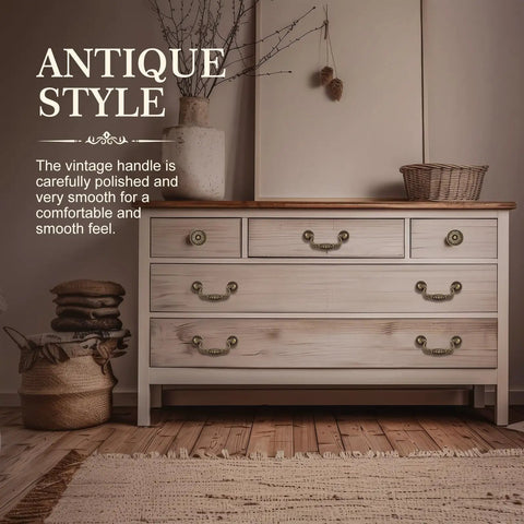 12 Piece Bail Handle Drop Pulls And Vintage Flower Cabinet Knobs In Antique Bronze Beaded Style on white wooden dresser