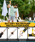 Man demonstrating installation of Cordless Stick Water Pump Designed For Plug And Play Setup On 20v Max Tools for pool use.