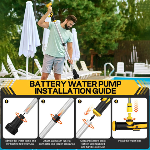 Man demonstrating installation of Cordless Stick Water Pump Designed For Plug And Play Setup On 20v Max Tools for pool use.