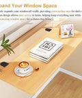 Smooth Operator Foldable Window Ledge Extender And Clamp On Desk Shelf For Books And Plants No Sweat Setup, showing coffee and books on wood shelf.