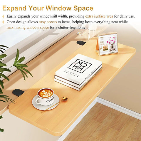 Smooth Operator Foldable Window Ledge Extender And Clamp On Desk Shelf For Books And Plants No Sweat Setup, showing coffee and books on wood shelf.