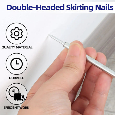 Person holding a double-headed skirting nail for installation, showcasing Pro Grade Double Head Skirting Nails That Go Down Smooth For Invisible Baseboard Fastening Rust Proof Galvanized Steel And A Slick Seamless Wood Trim Finish 300 Piece Kit.