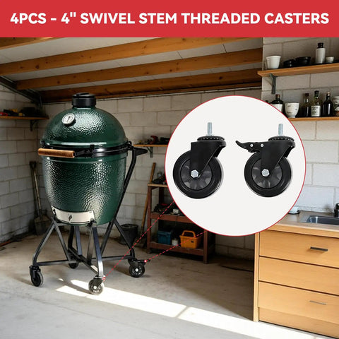 Four Inch Swivel And Locking Stem Caster Wheels For Green Egg Rolling Carts, shown in garage setting with grill and inset detail.