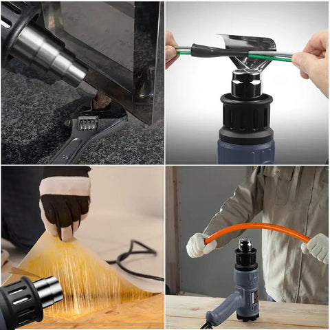 Heavy Duty 1800W Heat Gun With Variable Temperature From 122F To 1202F, Two Settings, Overheat Protection, And Four Nozzle Attachments For Shrinking PVC, Bending Pipes, And Paint Stripping, A Real DIY Workhorse in action showcasing pipe bending, paint stripping, and PVC shrinking.