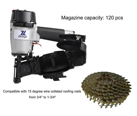 15 Degree Coil Roofing Nailer Kit With 120-Piece Load, Pro Grade Aluminum Body, Nailer and Coil of Nails