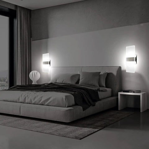 Cool White LED Wall Sconces Two Pack 10W Up Down Lights hardwired aluminum and acrylic wall lamps in modern bedroom lighting