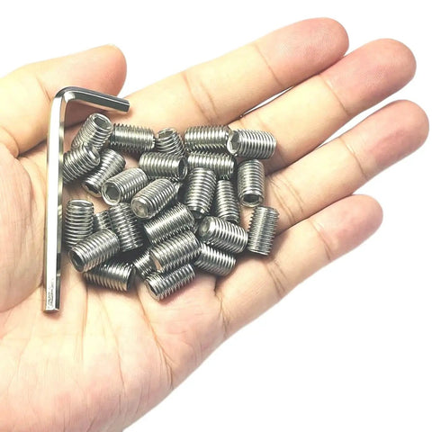 Durable 304 Stainless Steel Set Screws 30 Piece Pack Five Sixteenth Thread Twenty Four Per Inch Hex Socket Grub Screws With Allen Wrench For Machinery And Heavy Duty Hardware ZDingTech displayed in hand