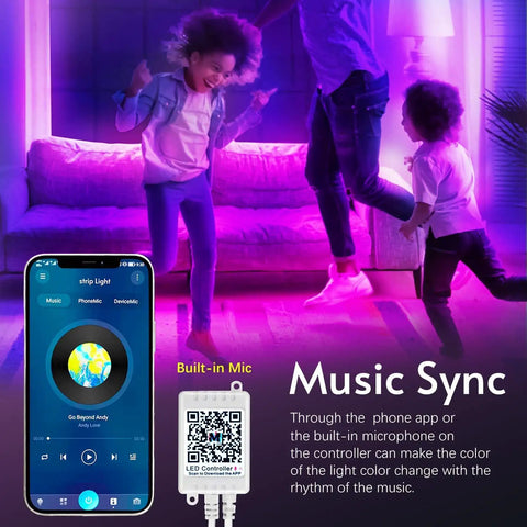 Children dancing in room lit by 150ft Multi Color RGB LED Strip Lights With Bluetooth App Control and 44 Key Remote, music sync feature displayed.