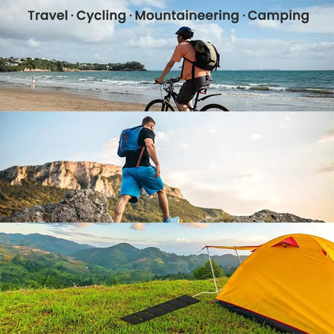 40W Foldable Solar Panel Charger With USB C And USB A Ports for camping hiking outdoor by a tent in nature
