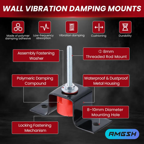 Heavy Duty Wall Vibration Isolators 4 Pack Crafted For Top Shelf Soundproofing and Structural Damping to Shut Down Impact Noise and Keep Your Studio Rig Running Tight featuring a 8mm threaded rod mount and polymeric material.