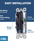 Matte White Decorator Rocker Paddle Light Switch 50 Pack Single Pole 15A 120 To 277V On Off Interrupter UL Listed Scratch Resistant Polycarbonate Housing 10000 Plus Cycle Tested For Residential And Commercial Use side wiring with brass, silver, and green terminals
