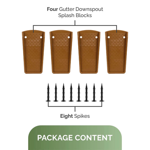 17-Inch Downspout Splash Block And Gutter Extender Kit, 4 Pack With 8 Hard Plastic Stakes, Brown, Protects Home Foundations And Landscape From Rain Runoff And Erosion