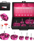 PVC Pipe Reamer Kit With 6 Size Set 3/4 Inch To 4 Inch Carbide Inserts in case with hex wrench and screwdrivers displayed