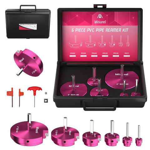 PVC Pipe Reamer Kit With 6 Size Set 3/4 Inch To 4 Inch Carbide Inserts in case with hex wrench and screwdrivers displayed