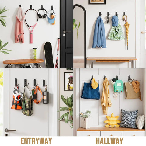 Adhesive Double Hooks For Hanging With Four Coat Hooks And Six Strips on wall holding various items in entryway and hallway