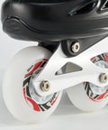 Close-up of 80mm inline skate wheels with ABEC-9 bearings, highlighting durable core and easy install on skate frame.