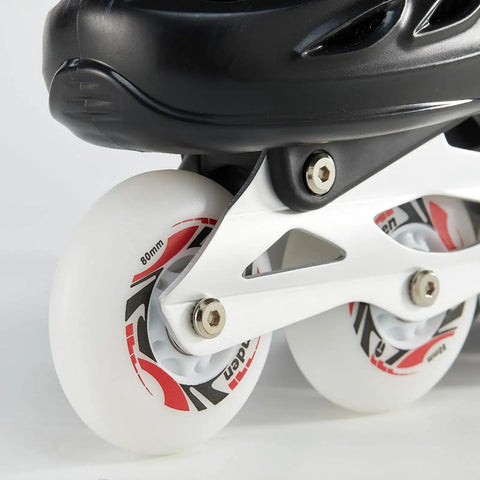 Close-up of 80mm inline skate wheels with ABEC-9 bearings, highlighting durable core and easy install on skate frame.