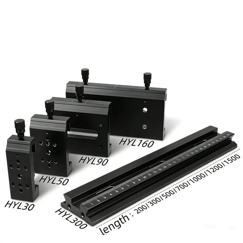 Premium X Axis Platform Precision Translation Stage For Optical Experiment Bench showing various sizes and measurements in black aluminum.