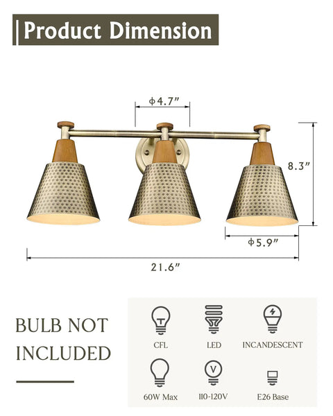 Antique Gold 3 Light Bathroom Vanity Light Fixture Industrial Modern Wall Sconce With Hammered Metal Shade E26 Base Dimmable Bulbs Not Included Dope Modern Vibe For Hallways And Bathrooms