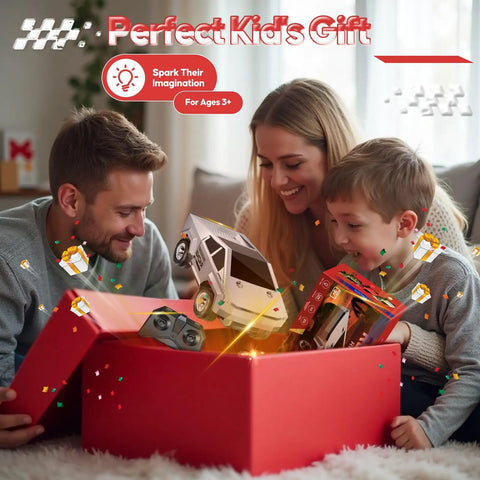 Family opening a gift box containing a 1:24 Scale RC Truck With All Terrain Performance, High Speed 2WD Off Road Car With Lights And Load Space