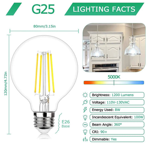 Dimmable G25 LED Globe Vanity Bulbs 100W Equivalent 1200 Lumens 5000K Daylight White E26 Medium Base size and lighting facts