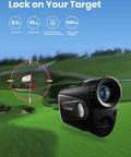 Dominate The Fairway With This Heavy Duty Golf Rangefinder Featuring Auto Slope Compensation And Smart Triangulation For Locked Flags Up To 1300 Yards Slick Magnetic Clip, showing view of laser rangefinder targeting a golf flag.