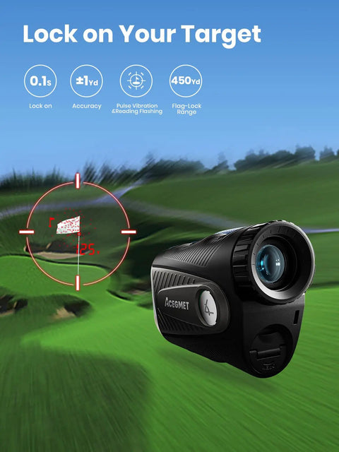 Dominate The Fairway With This Heavy Duty Golf Rangefinder Featuring Auto Slope Compensation And Smart Triangulation For Locked Flags Up To 1300 Yards Slick Magnetic Clip, showing view of laser rangefinder targeting a golf flag.