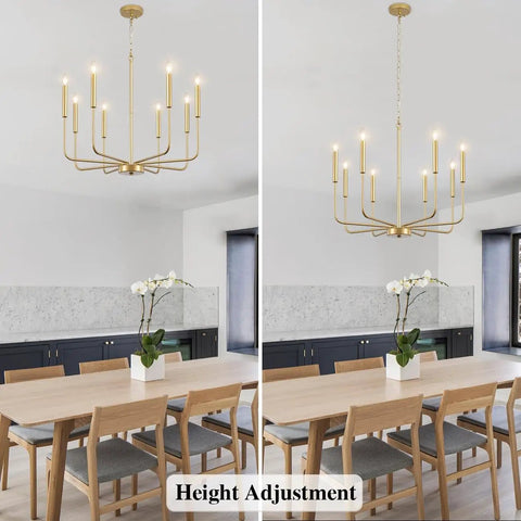Gold Chandelier Light Fixture With Eight Lights In Modern Farmhouse Style Dope Pendant Ceiling Light for dining room view.