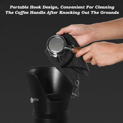 Heavy Duty Commercial Coffee Knock Box Featuring Hella Solid 6 Point 8 Liter ABS Grounds Disposal Bin and No Fuss Barista Station Kit in use, compact design.