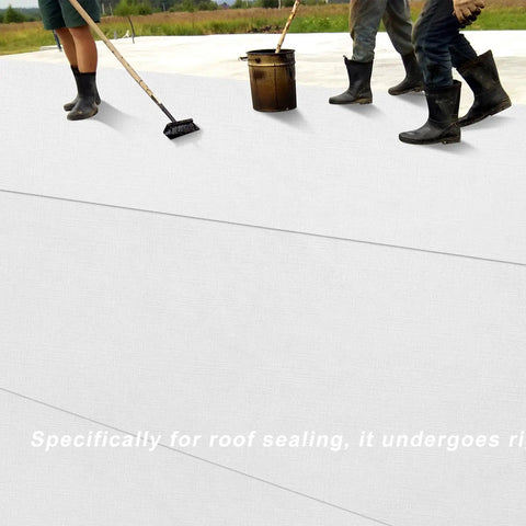 Heavy Duty White Polyester Roof Reinforcement Fabric 40X81 Ft used for roof sealing with workers applying elastomeric coating.