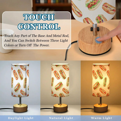 Hotdog Watercolor Decor Bedside Table Lamp with 3 way dimmable touch control showing daylight, natural, and warm light settings